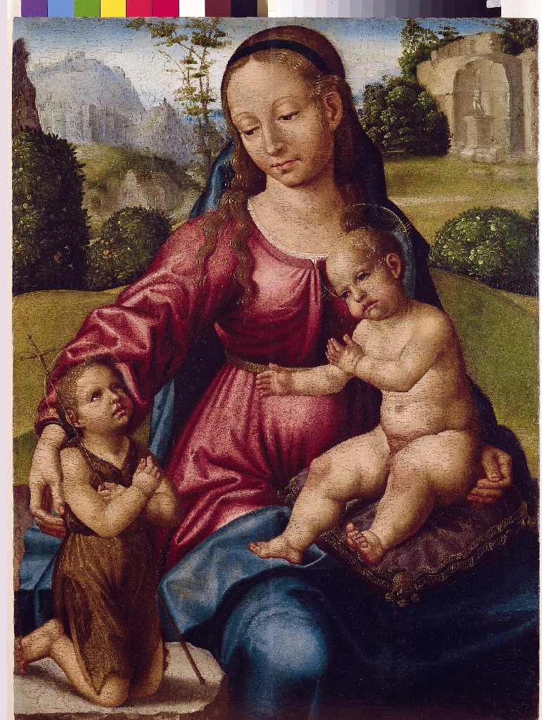 Paolo de San Leocadio (Reggio Emilia 1447 - Valencia? 1519) – Madonna col Bambino e San Giovannino – Olio su tavola 59,7x45cm. – Valencia, Museo De Bellas Artes