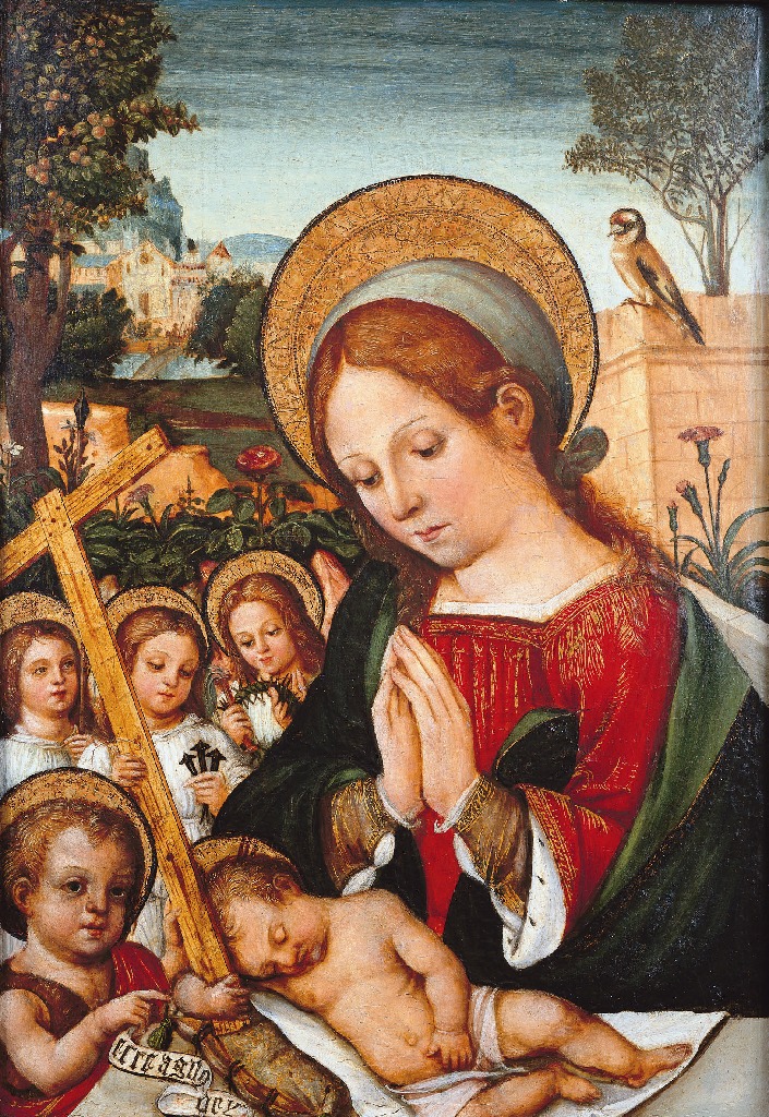 Vicent Macip (c.1475-1550) – Madonna col Bambino e San Giovannino fra angeli con gli strumenti della Passione - Olio su tavola 65x48cm. - Valencia, Collezione privata