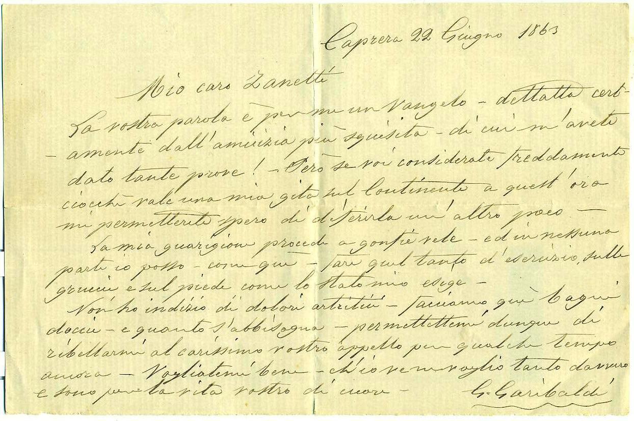 Lettera autografa di Garibaldi al dottor Zannetti