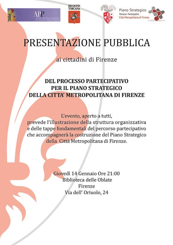 La locandina sulla presentazione pubblica a Firenze del processo di partecipazione per il Piano strategico