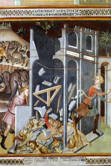 I figli di Giobbe sepolti sotto le case, dipinto murale di Bartolo di Fredi, Collegiata di San Gimignano