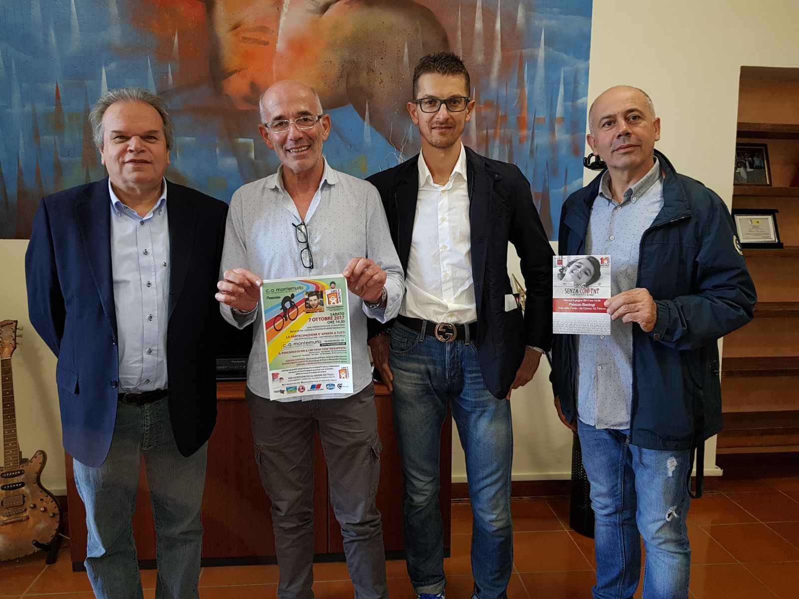 il sindaco Lorenzini con Mauro Nesi e Filippo Gronchi della Ca Montemurlo e Roberto Valerio della Fondazione Cure2Children alla presentazione della Cronocoppie
