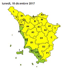 Mappa dell'allerta per ghiaccio sulla Toscana lunedi' 18 dicembre 2017