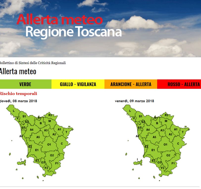 Pagina dell'allerta meteo sul sito della Regione Toscana