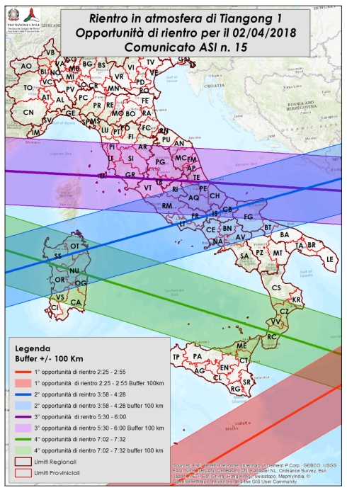Possibili traiettorie della stazione spaziale cinese sull'Italia