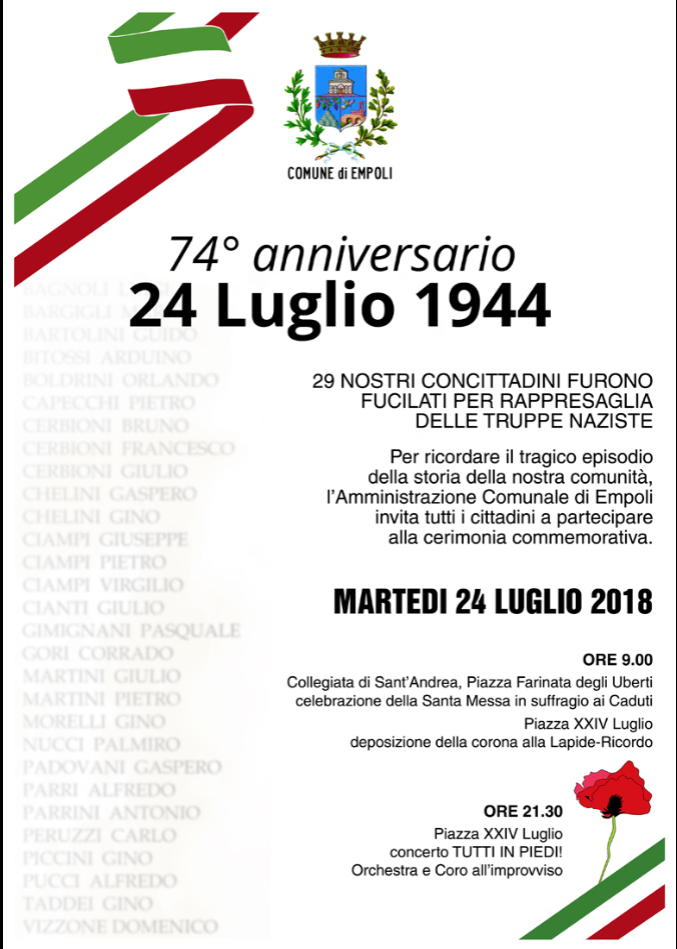 La locandina del 74° anniversario della strage del 24 luglio 1944(fonte foto comunicato)