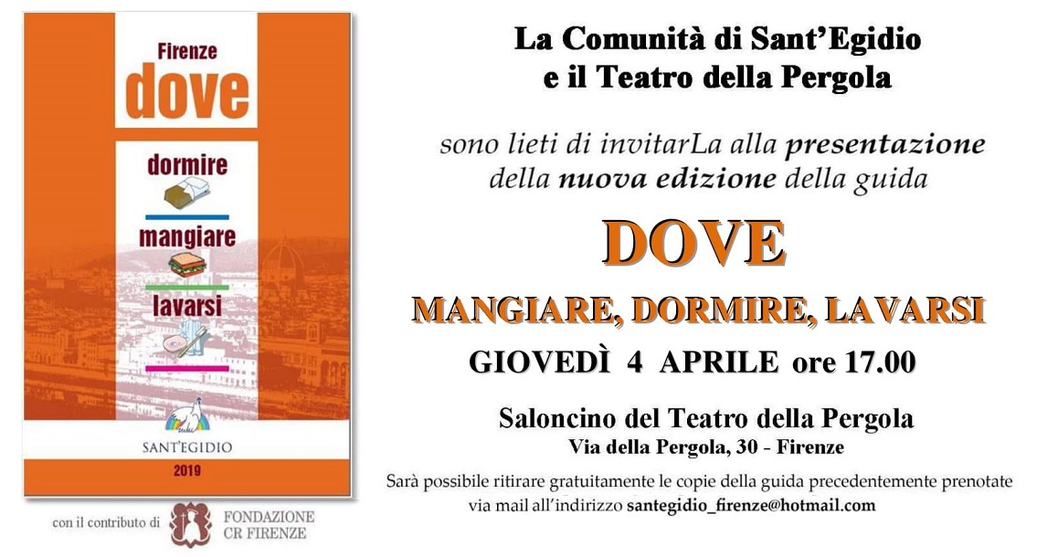 L'invito per la presentazione della nuova edizione della guida 'Dove dormire manigare lavarsi' della Comunità di Sant'Egidio