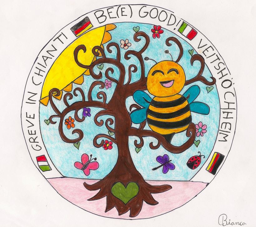 L’ape multilingue che lancia il motto Bee Good, realizzata dalla studentessa Bianca Faggi