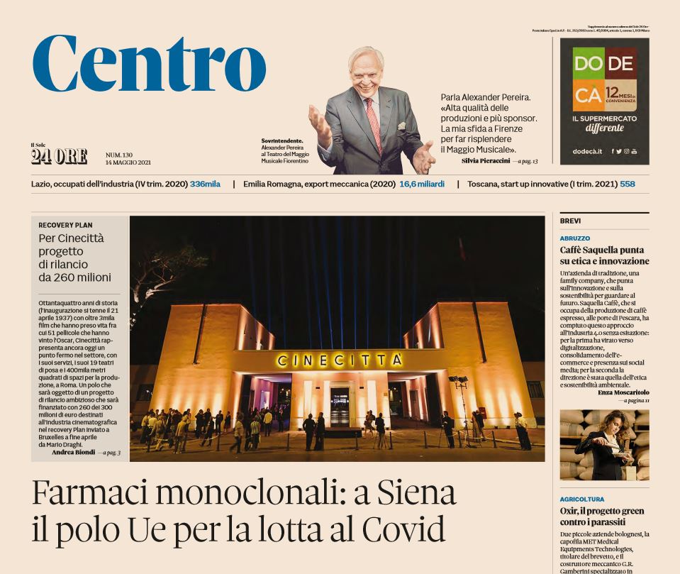 Anteprime della prima pagina del rapporto Centro del Sole 24 ore di venerdi' 14 maggio 2021