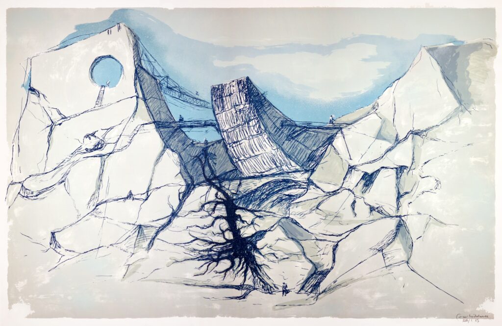 L’Arca incagliata nella roccia, serigrafia su carta, cm 110x150, 1987 - Archivio Giovanni Michelucci