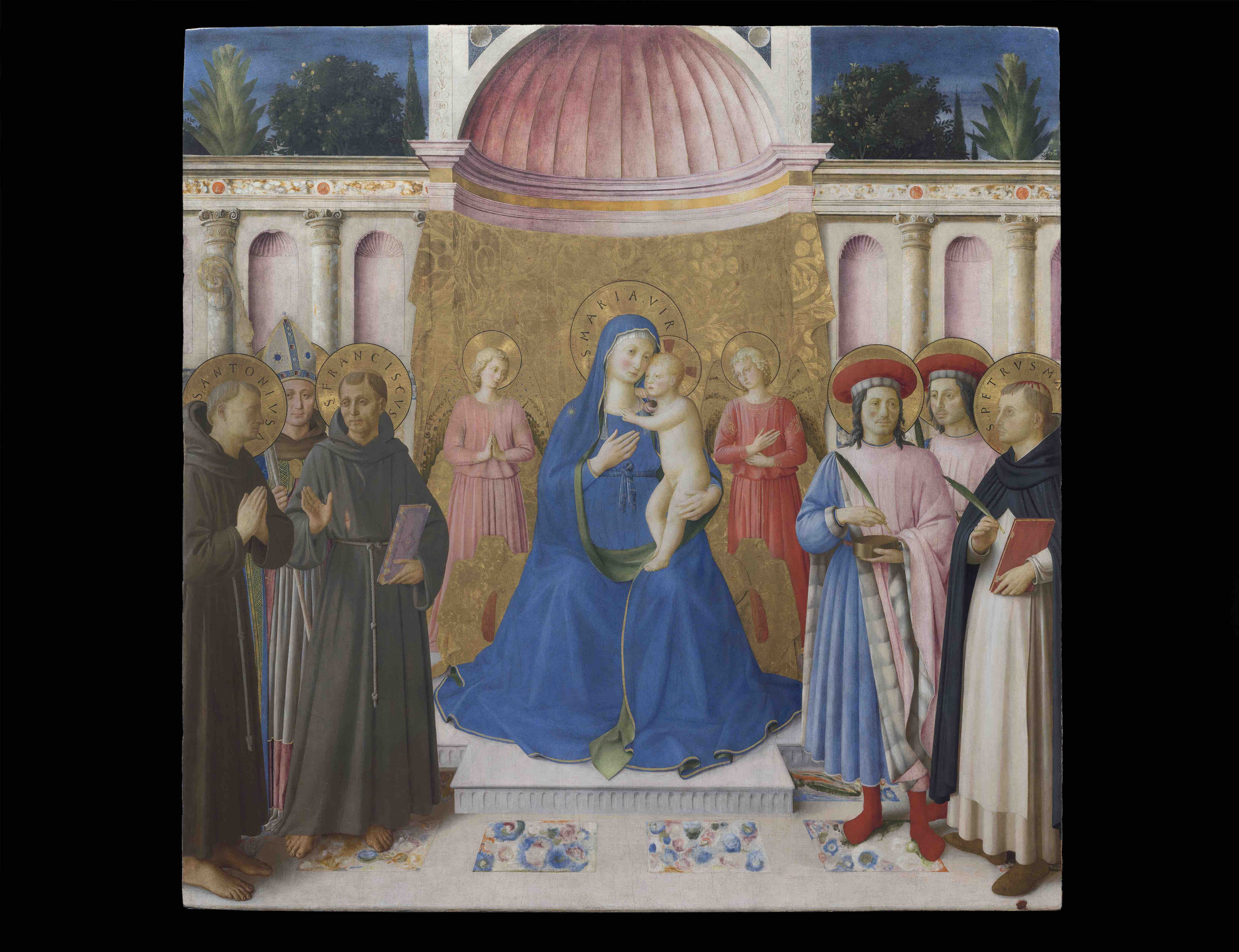 Pala di Bosco ai Frati: Madonna col Bambino in trono fra due angeli e i santi Antonio da Padova, Ludovico da Tolosa, Francesco Assisi, Cosma e Damiano, Pietro martire