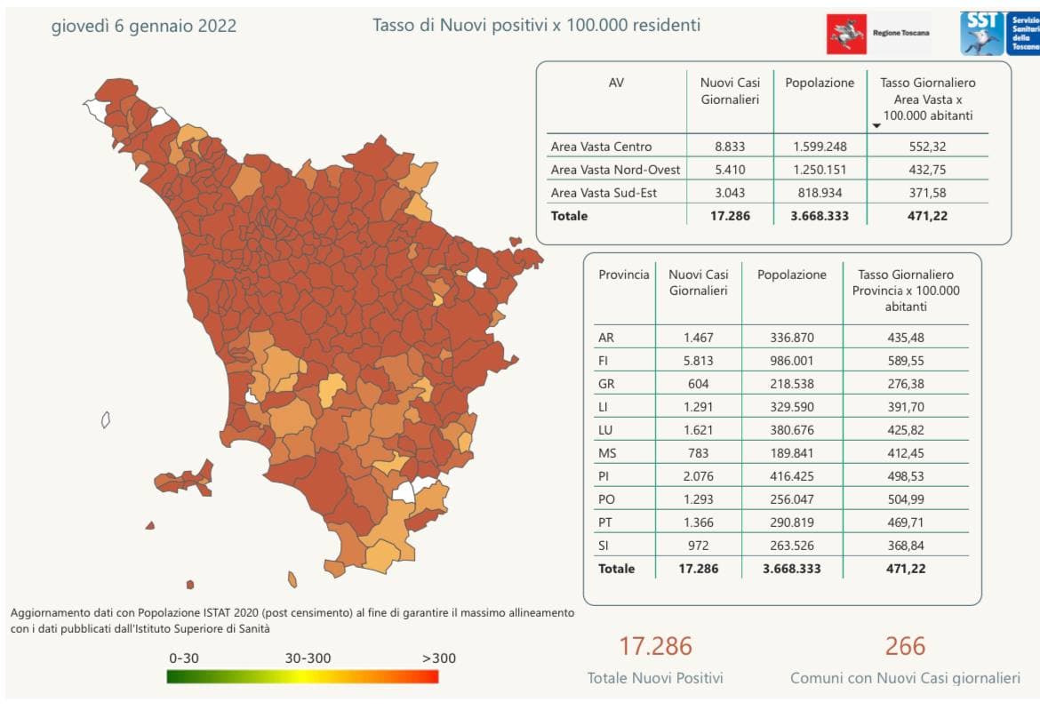 Mappa dei contagi in Toscana al 6 gennaio