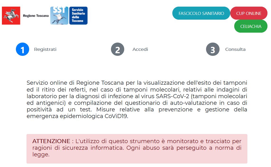 Home page del portale https://referticovid.sanita.toscana.it