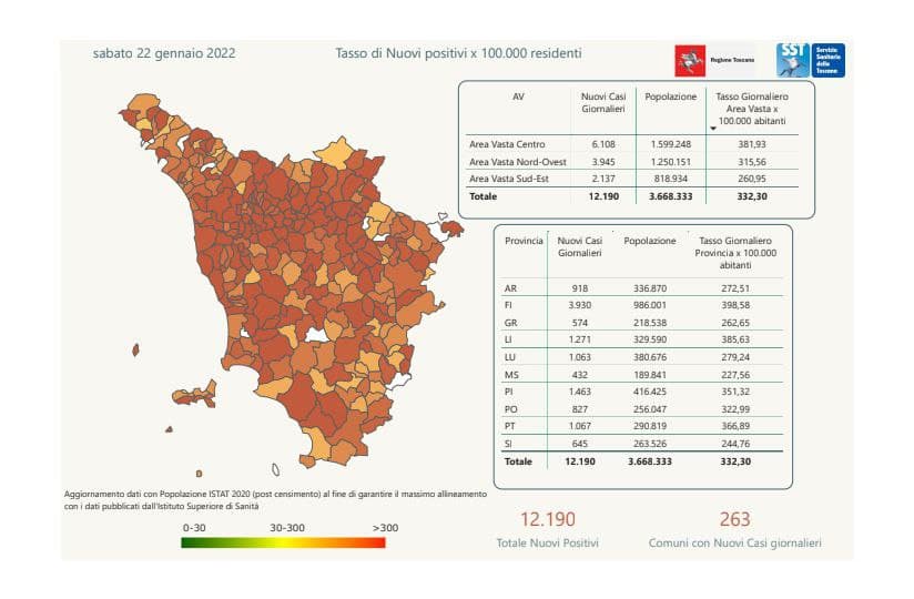 Mappa dei contagi in Toscana al 22 gennaio
