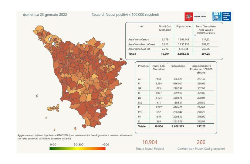 Mappa dei contagi in Toscana al 23 gennaio