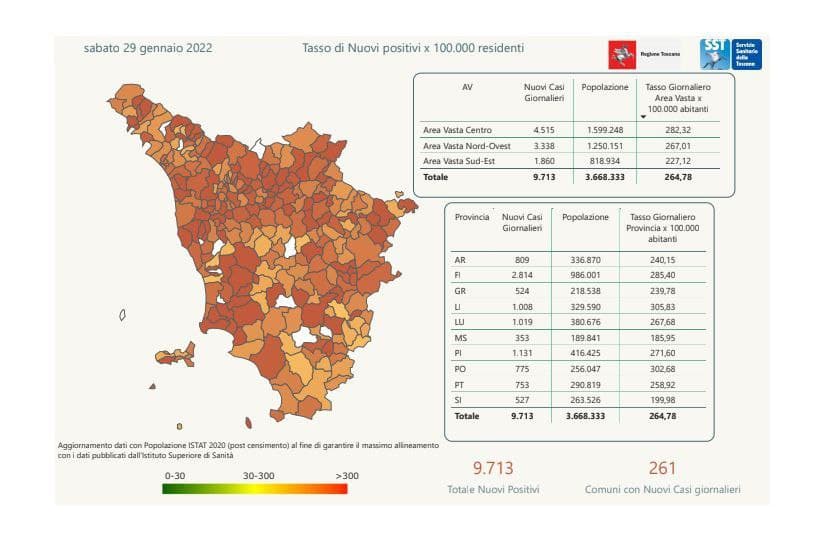 Mappa dei contagi in Toscana al 29 gennaio