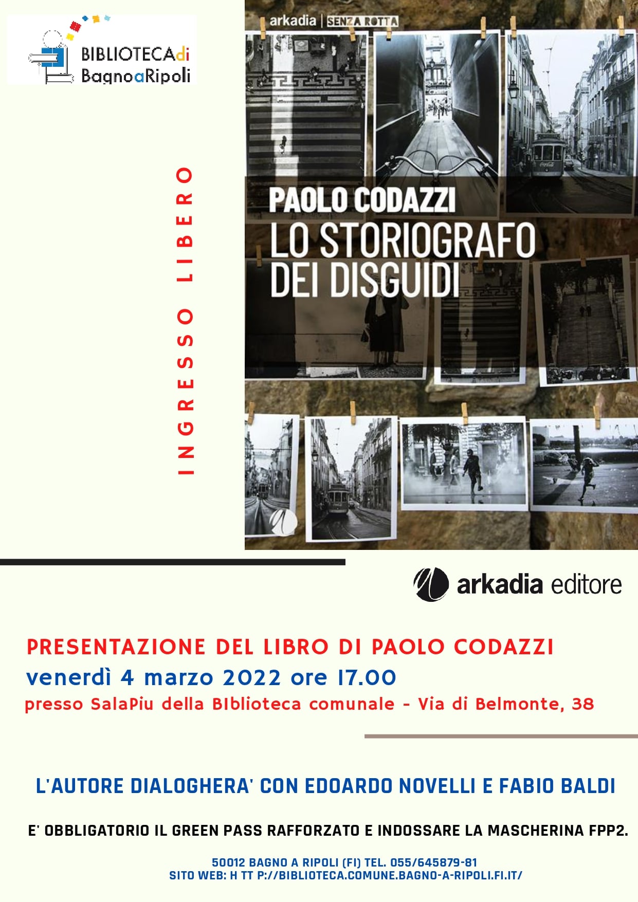La locandina della presentazione del libro di Paolo Codazzi 'Lo storiografo dei disguidi' a Bagno a Ripoli