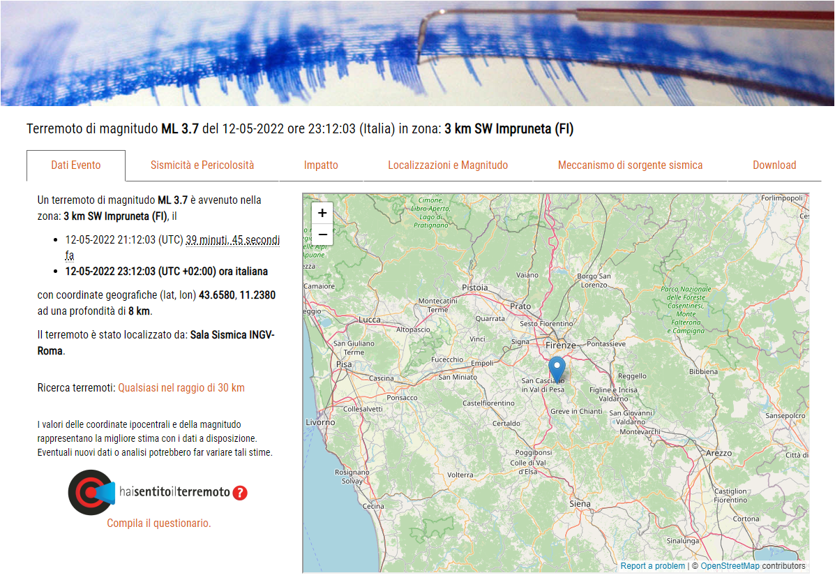 Forte scossa di terremoto sentita nella Metrocitt Firenze (Fonte immagine sito INGV)
