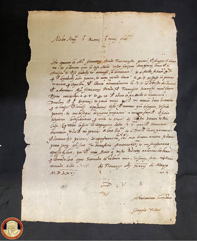 I Carabinieri Tutela Patrimonio Culturale recuperano a Londra una preziosa lettera manoscritta di Giorgio Vasari datata 18 marzo 1566 (Fonte foto Gallerie degli Uffizi)