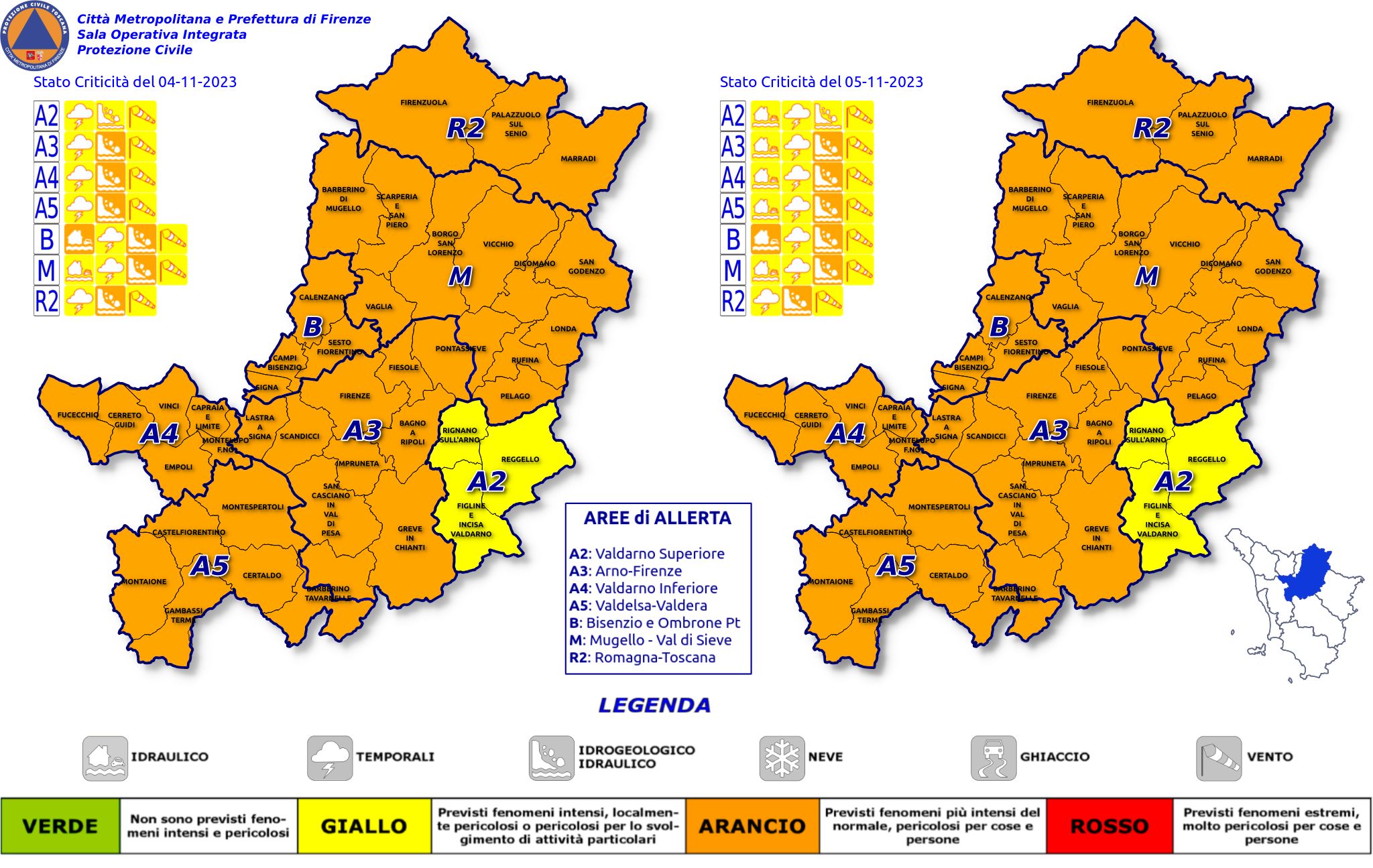 Codice arancione il 4 e il 5 novembre nel territorio metropolitano fiorentino