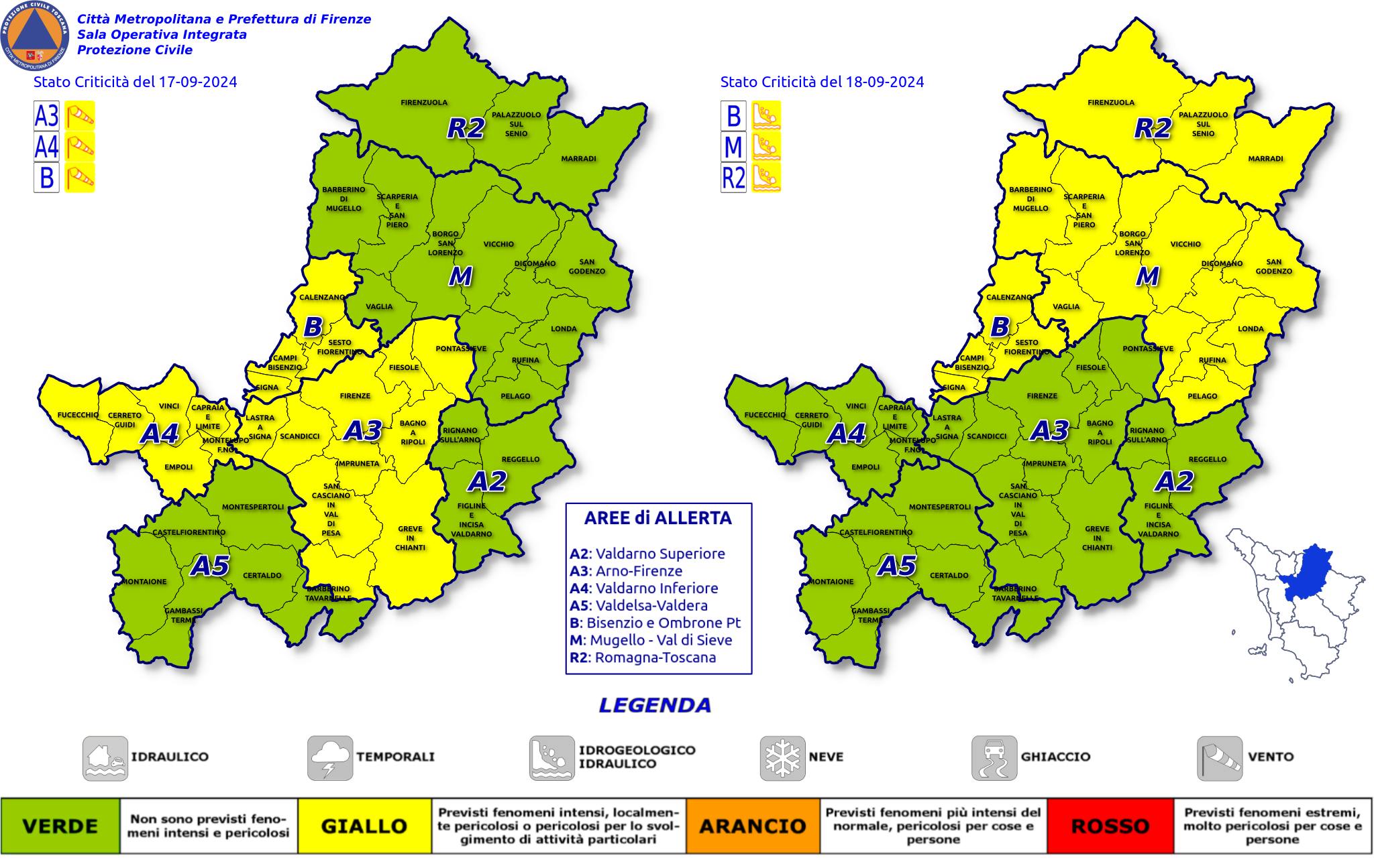 Codice giallo per rischio vento e codice giallo per rischio idrogeologico-idraulico (Fonte immagine PC Città Metropolitana di Firenze)