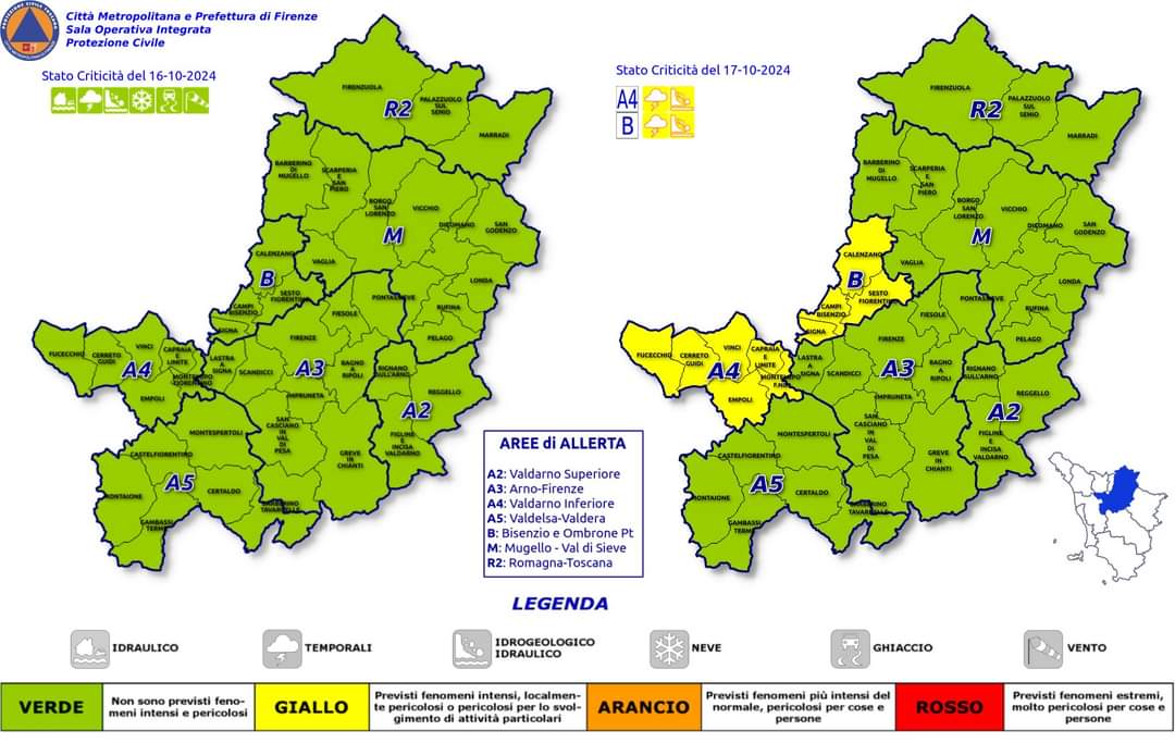 Codice giallo nel Valdarno Inferiore e nell'area Bisenzio Ombrone