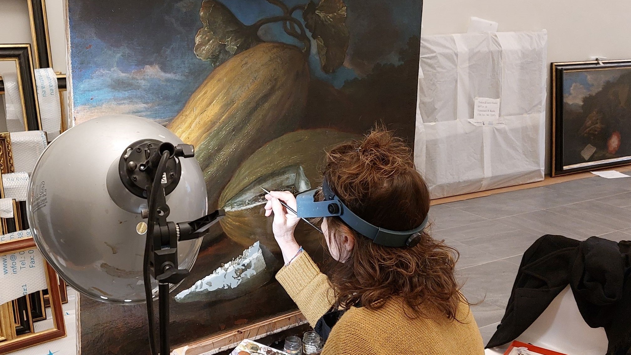 Nella foto un momento del restauro di uno dei quadri di Bartolomeo Bimbi