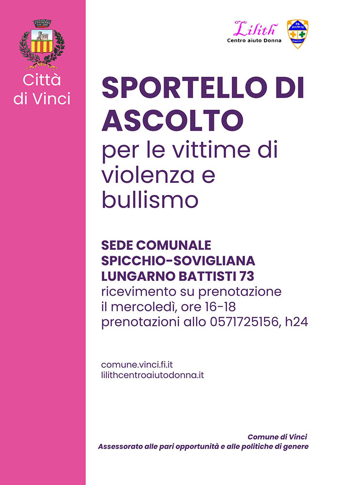 Vinci. Sportello Lilith a Spicchio-Sovigliana, ecco gli orari e i contatti per poterne usufruire