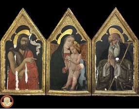 Tre dipinti, tempera e oro su tavola, costituenti le parti di un trittico datato 1487, raffiguranti rispettivamente “Madonna col Bambino, San Giovanni Battista e Sant’Antonio Abate (fonte foto comunicato stampa)