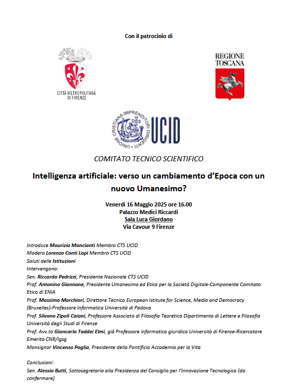 Locandina Convegno Intelligenza artificiale: verso un cambiamento dEpoca con un nuovo Umanesimo? Palazzo Medici Riccardi a cura del Comitato Tecnico Scientifico Nazionale Ucid 