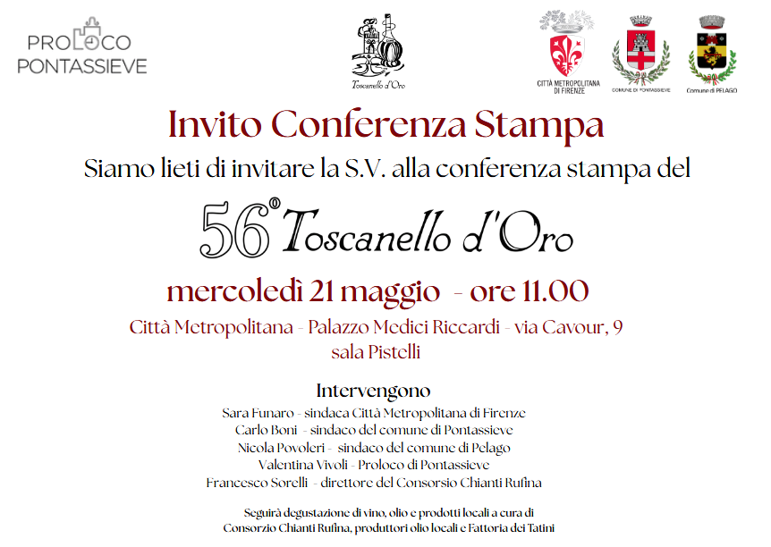 Avviso di Conferenza Stampa - 56esima edizione del Toscanello dOro in Palazzo Medici Riccardi 