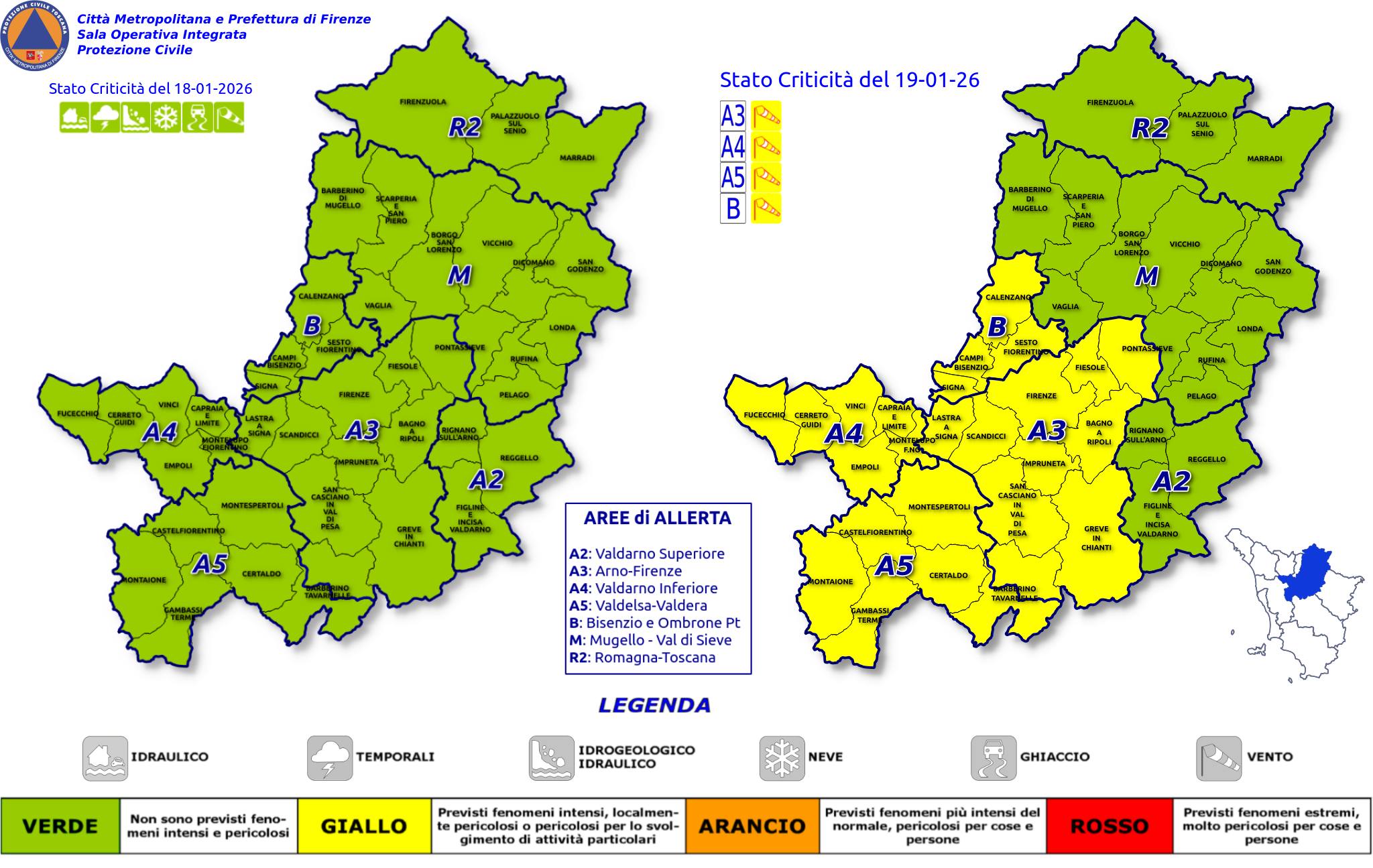 Codice Giallo per allerta vento in Empolese Valdelsa e area Bisenzio (Fonte Protezione Civile Città Metropolitana Firenze) 