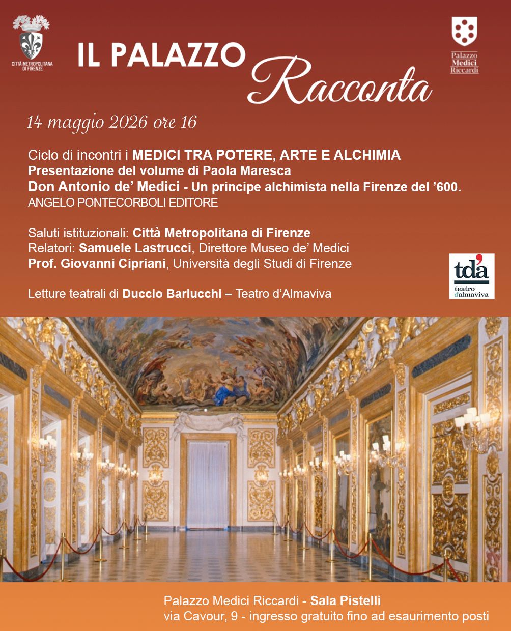 Palazzo Racconta - Locandina Don Antonio de' Medici - Un principe alchimista nella Firenze del '600: un volume di Paola Maresca