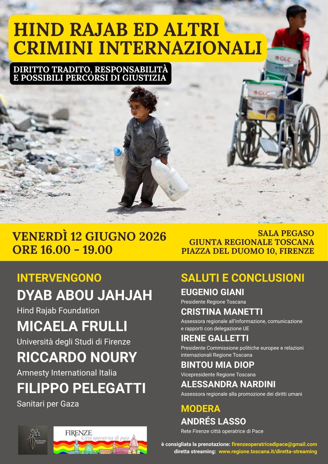 La locandina dell'iniziativa "Hind Rajab e gli altri crimini internazionali"