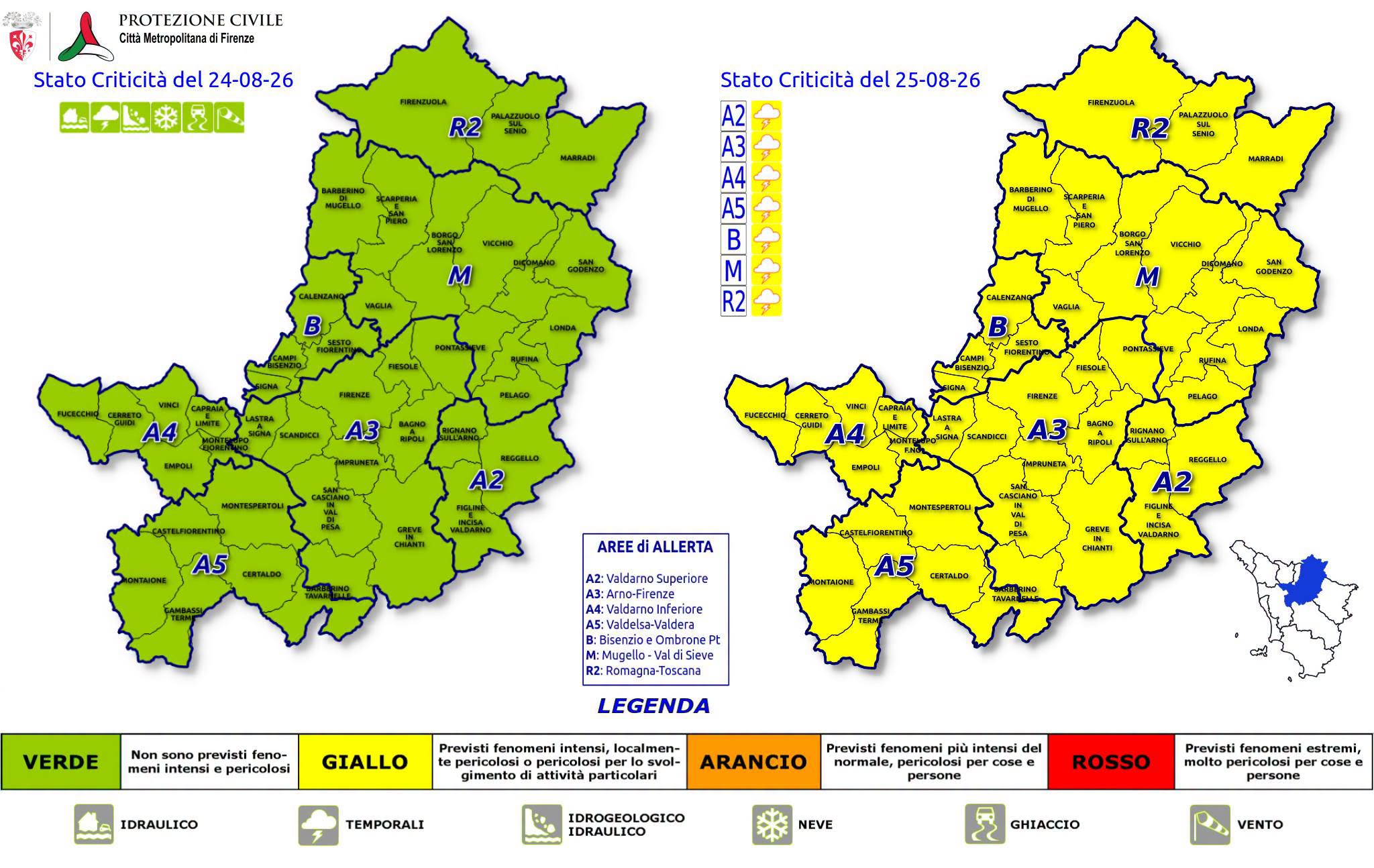 Allerta Gialla per temporali forti su tutti i Comuni del territorio metropolitano (fonte protezione civile città metro firenze)