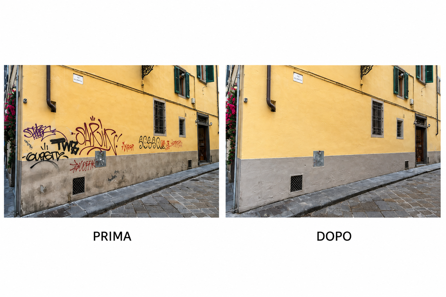 Borgo Allegri le scritte prima e dopo (Fonte immagine comunicato stampa Plures Alia)