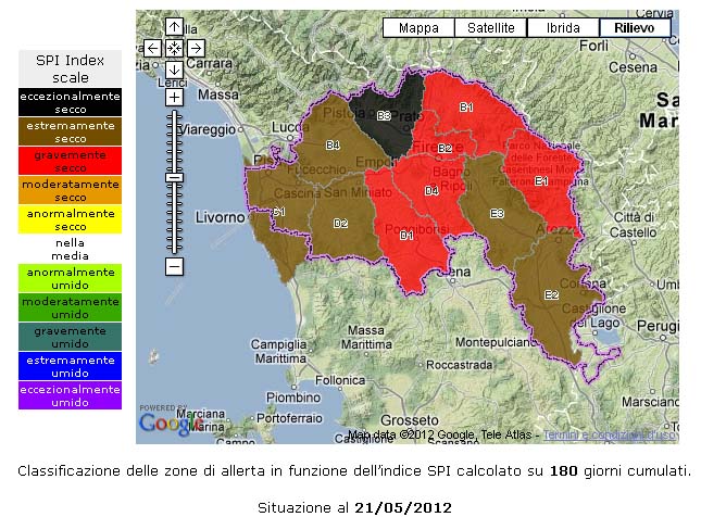 Mappa delle piogge cumulate nel bacino dell'Arno negli ultimi 6 mesi 