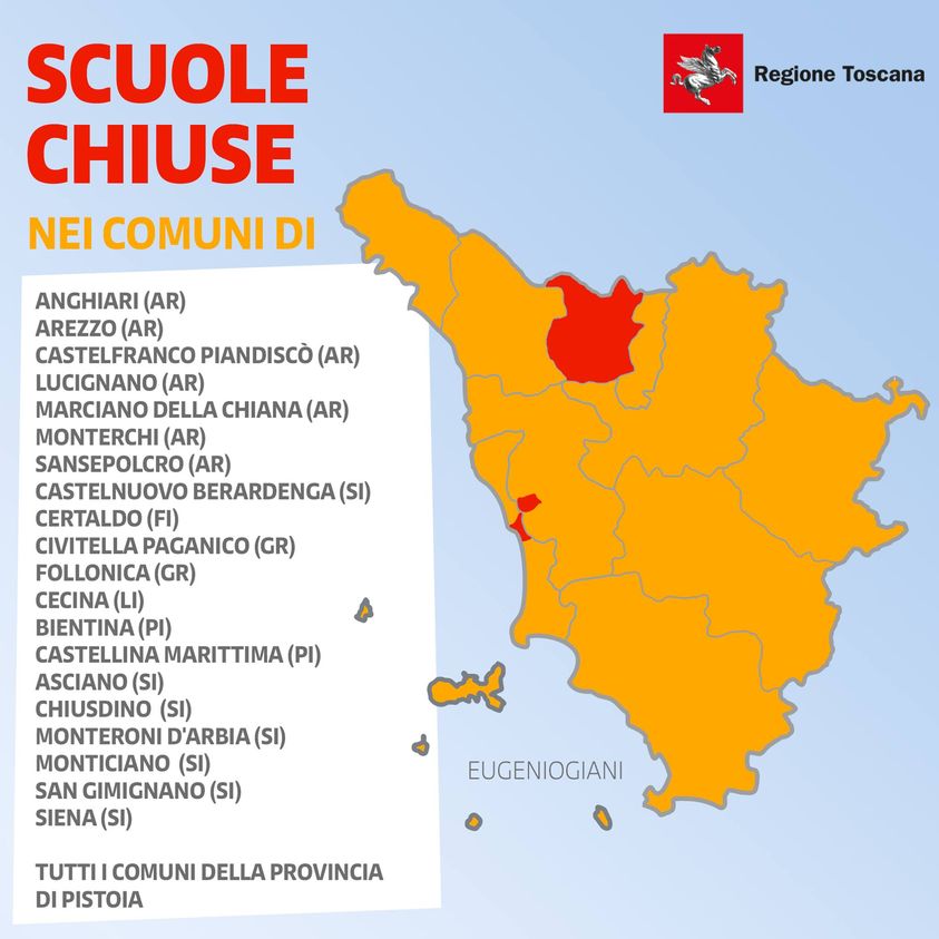 Comuni con scuole chiuse da lunedi' in Toscana