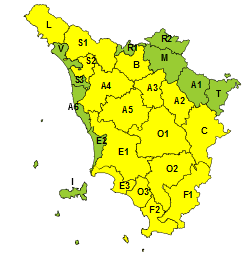Codice giallo per maltempo (cartina Regione Toscana)