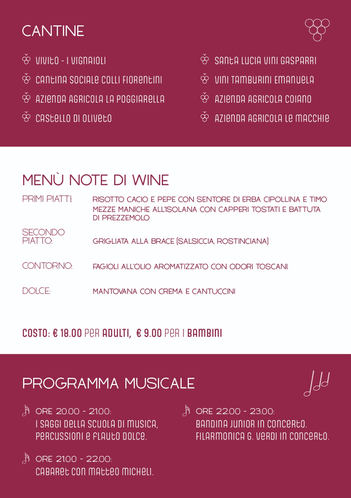 Note di Wine programma e menu
