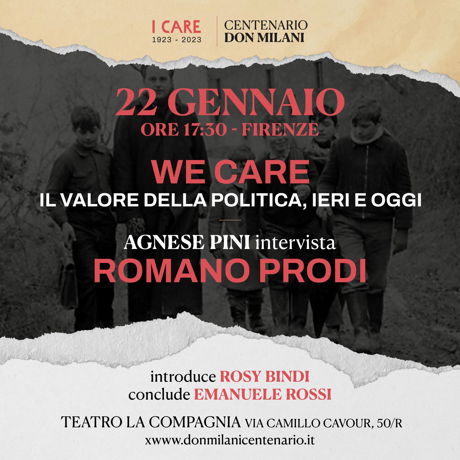 Locandina Centenario Don Milani. "We Care, il valore della politica, ieri e oggi": Agnese Pini intervista Romano Prodi