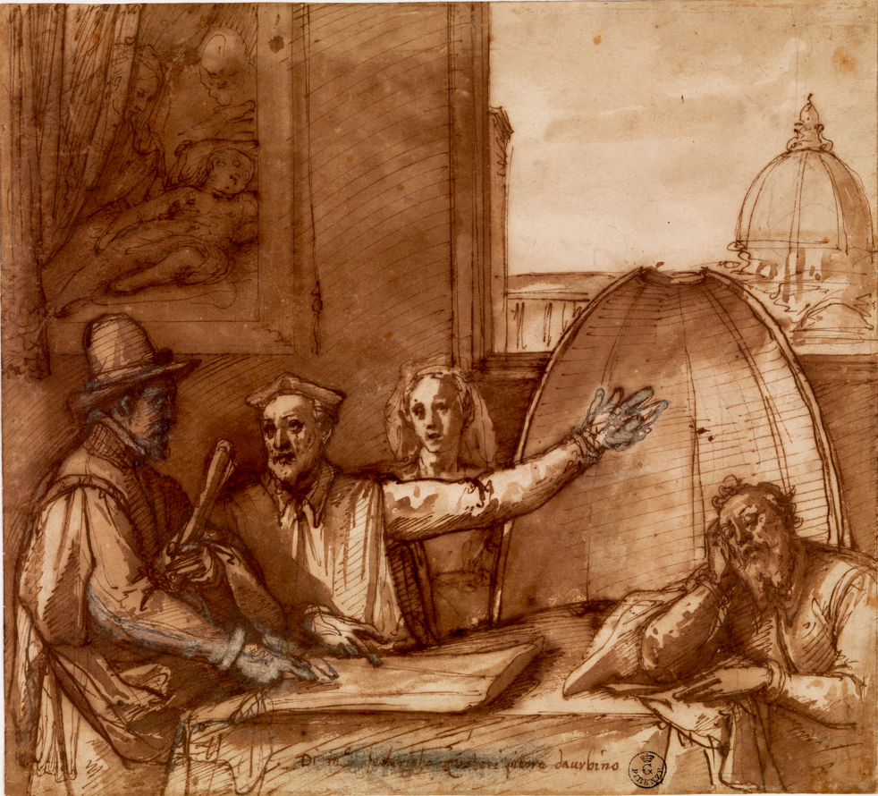 Federico Zuccari, Zuccari e Vincenzo Borghini discutono progetto decorazione cupola Santa Maria del Fiore alla presenza di Giorgio Vasari e di una figura femminile, 1579-80 circa