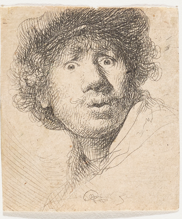 Rembrandt Harmenszoon van Rijn, Autoritratto con berretto e occhi spalancati, 1630, acquaforte e puntasecca