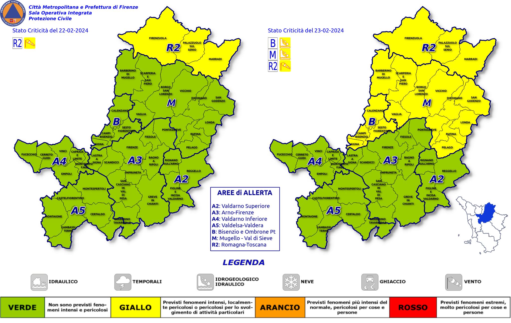 Codice giallo vento e piogge diffuse (Fonte immagine Protezione Civile Citt Metropolitana di Firenze