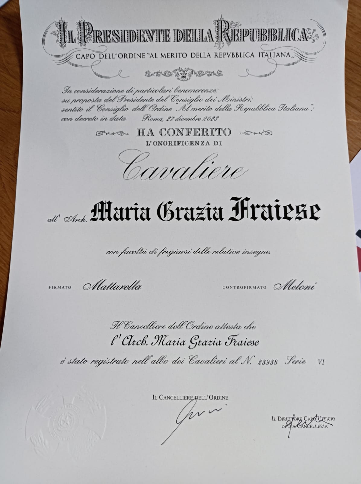 Onorificenze al Merito della Repubblica Italiana Arch. Maria Grazia Fraiese 