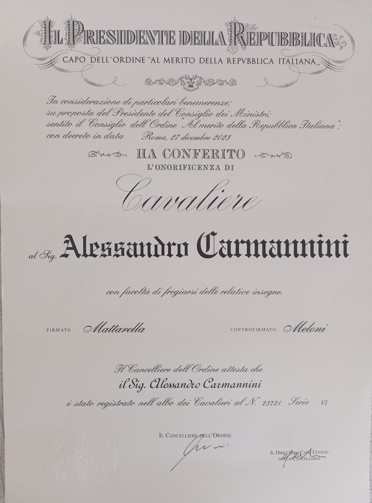 Onorificenze al Merito della Repubblica Italiana Alessandro Carmannini 