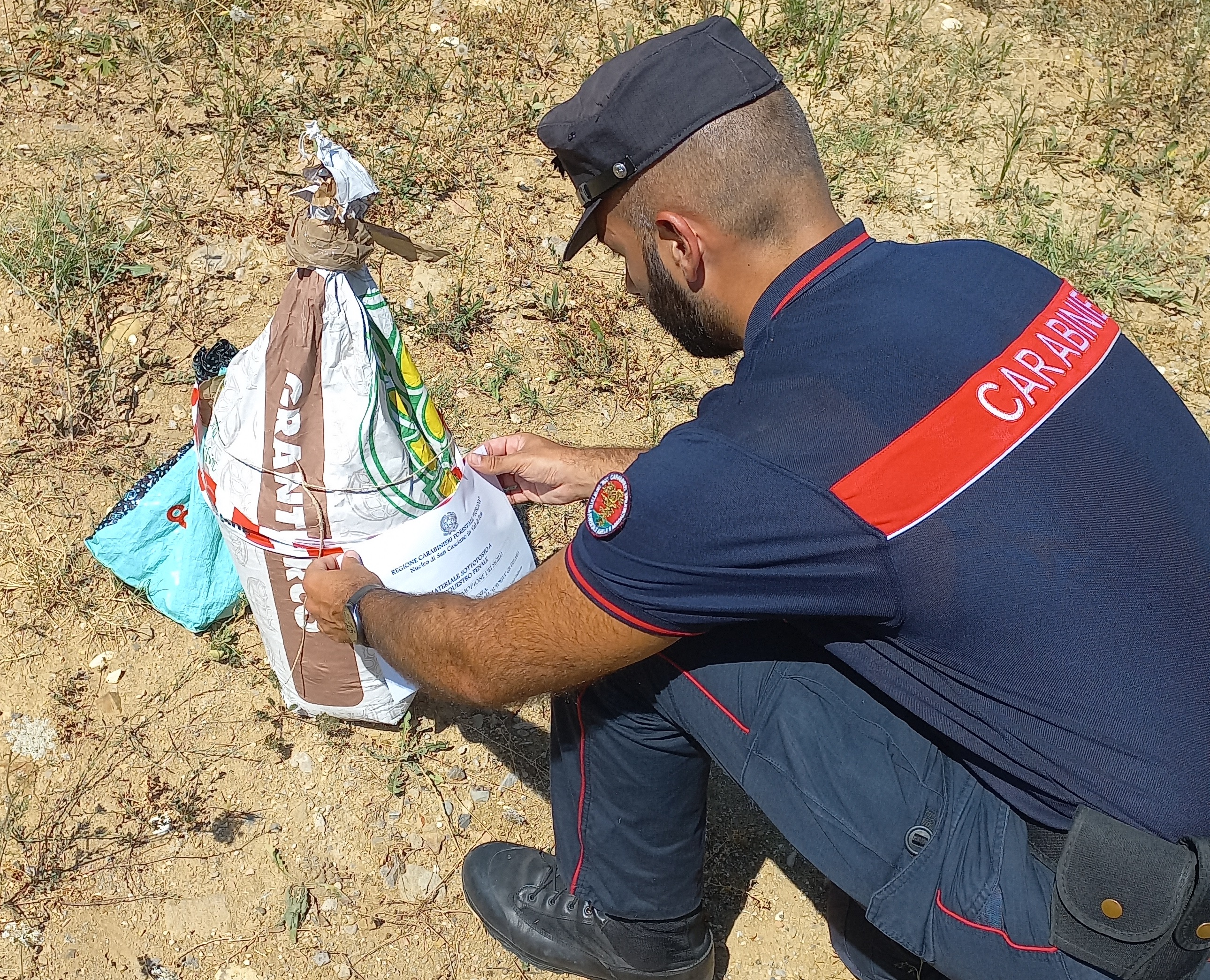 I Carabinieri Forestali individuano un uomo dedito al foraggiamento attrattivo dei cinghiali in modo illecito (Fonte foto Carabinieri)