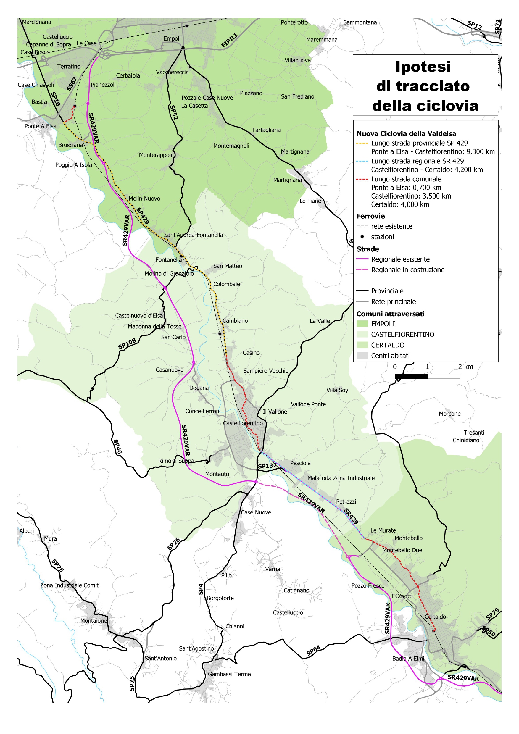 Ipotesi del tracciato della ciclovia dell'Empolese Valdelsa