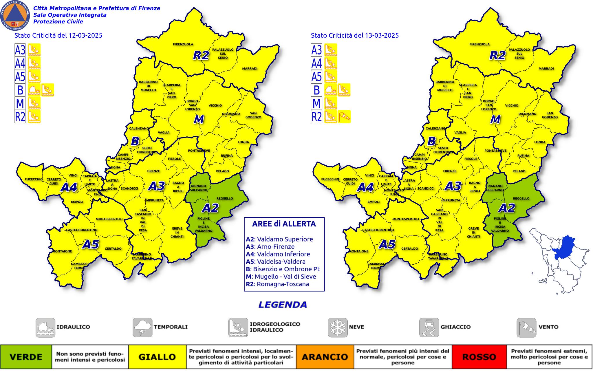 Codice giallo territorio metropolitano (Fonte immagine Protezione Civile Città Metropolitana di Firenze)