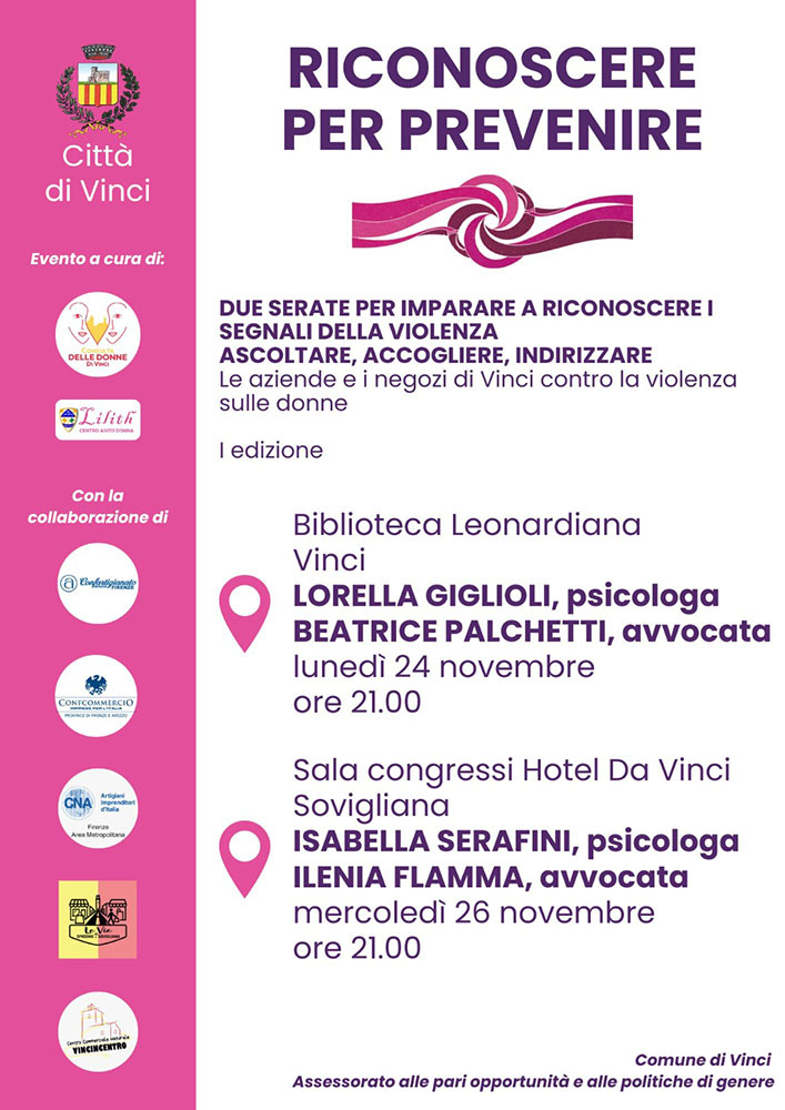 Vinci. ‘Riconoscere per prevenire’, due serate per imparare a conoscere i segnali della violenza